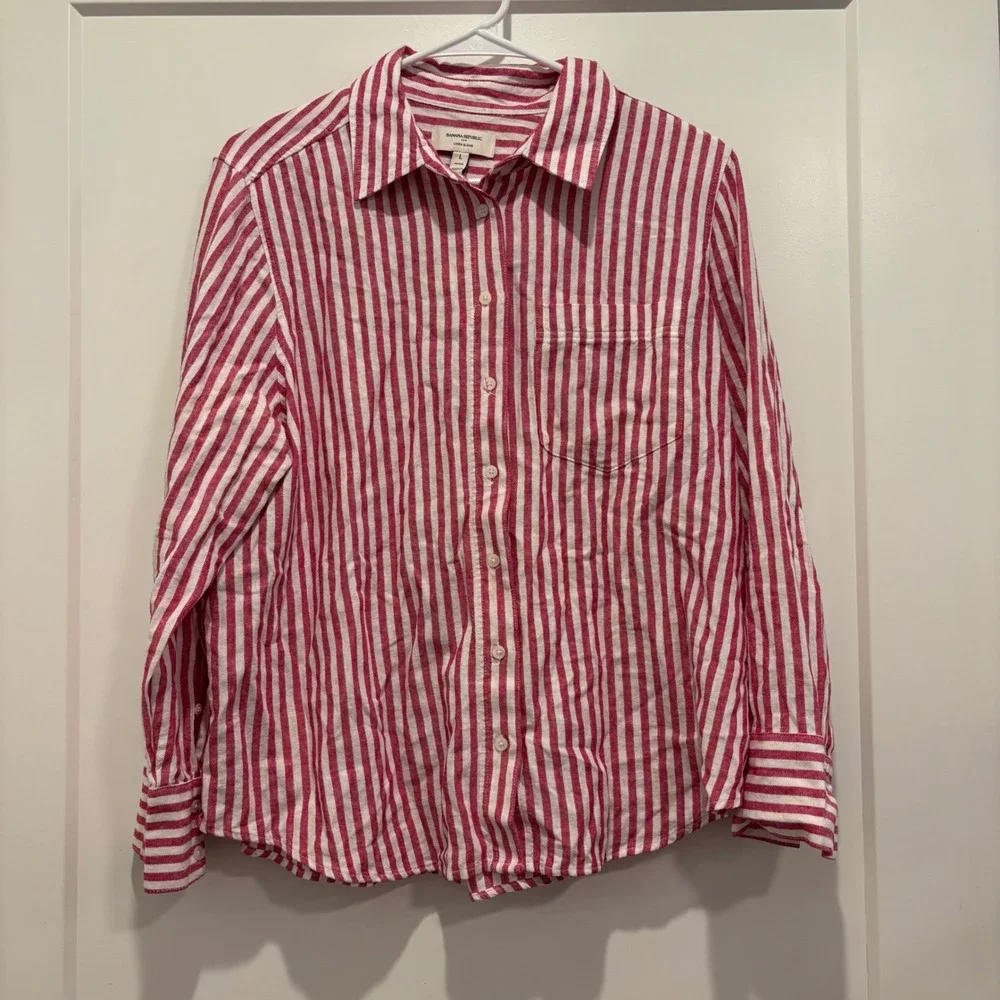Banana Republic Mens Pink White Striped Linen Blend Button Down Shirt L Petite